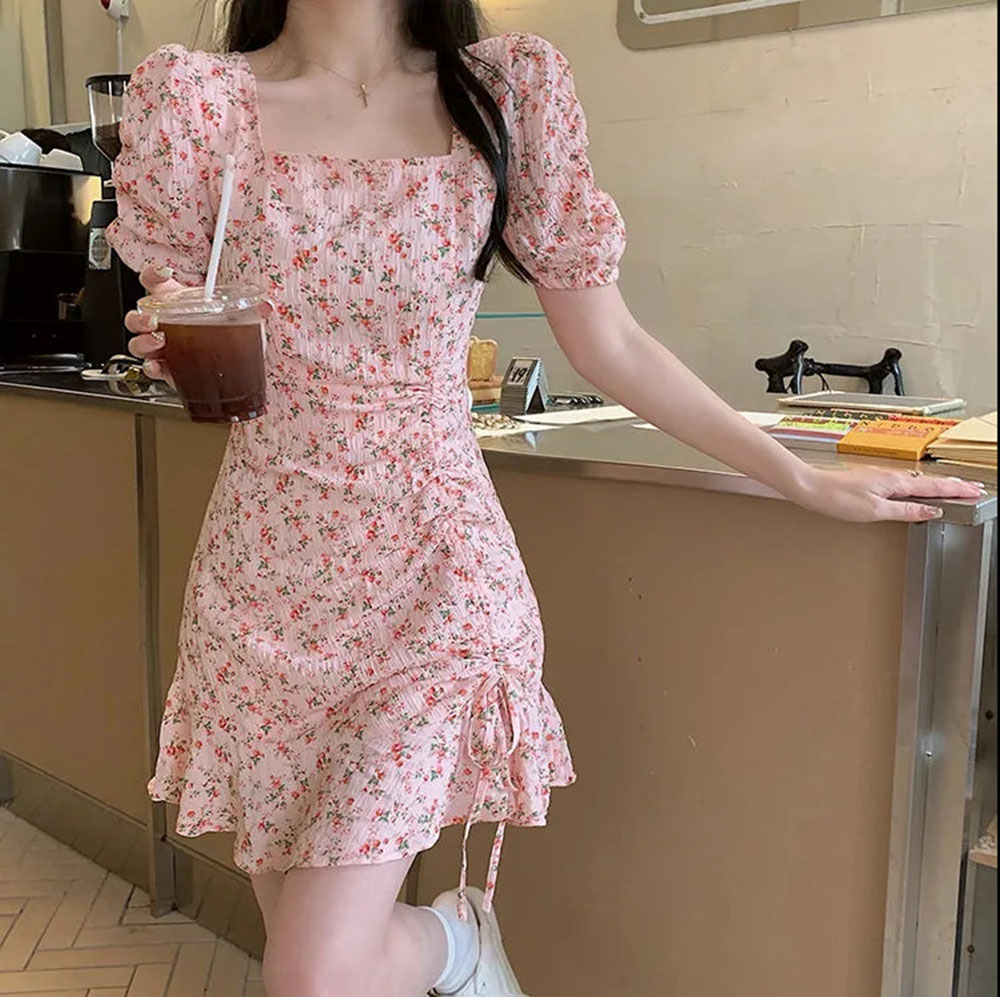 Summer Clothing For 70 Year Old Woman - Summer Floral Drawstring Mini Dress Sweet