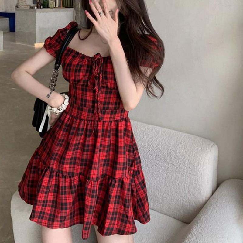 Red Plaid Mini Dress Women's C - Summer Clothing Drawing recension och pris