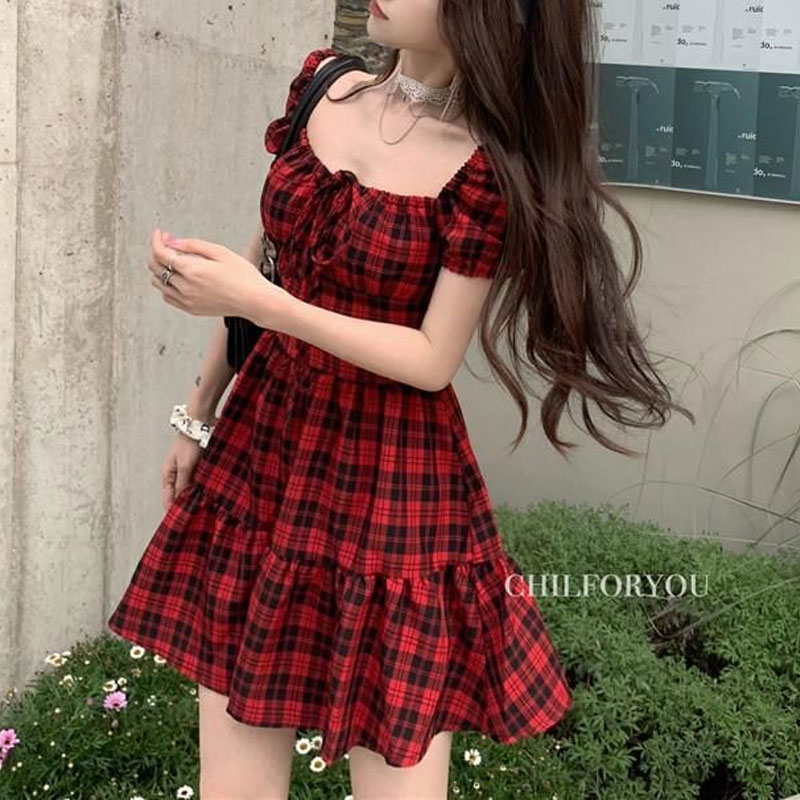 Red Plaid Mini Dress Women's C - Summer Clothing Drawing recension och pris